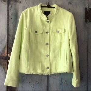 Banana Republic citron-colored jean jacket with fringed neckline and hem